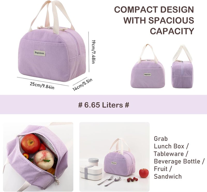 Baglemon Lunch Bag for Women Men Cute Corduroy Lunch Tote Bags Reusable Insulated Lunch Box Large Capacity Reusable Insulated Cooler for Work/Picnic/Travel - Image 5